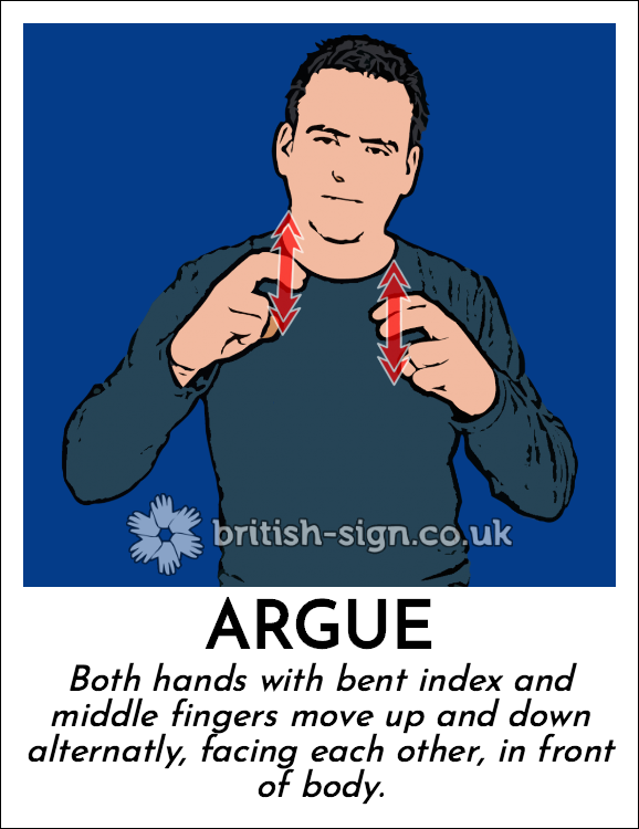 Argue: Both hands with bent index and middle fingers move up and down alternatly, facing each other, in front of body.